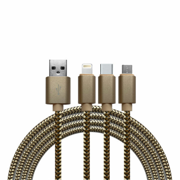 Khocell – 3 in 1 – Datakabel met 3 aansluitingen – Micro USB – Apple Lightning – USB-C – Goud