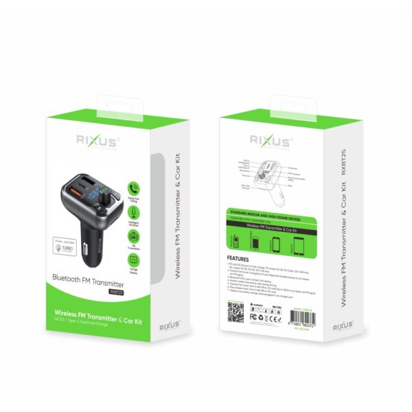 Rixus - Bluetooth Car FM Transmitter QC3.0 + Type C Dual Port Fast Charge RXBT25 6