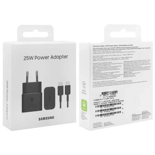 Samsung - 25W - Power Adapter Low standby usb-c cable 3A 1m - Black - Front and Back side package