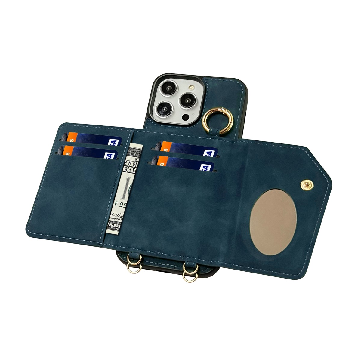 CaseMania 2-in-1 Crossbody + Magsafe Wallet – iPhone 16 Pro – DonkerBlauw casemania-2-in-1-crossbody-magsafe-wallet-iphone-16-DBL- achterkant-open