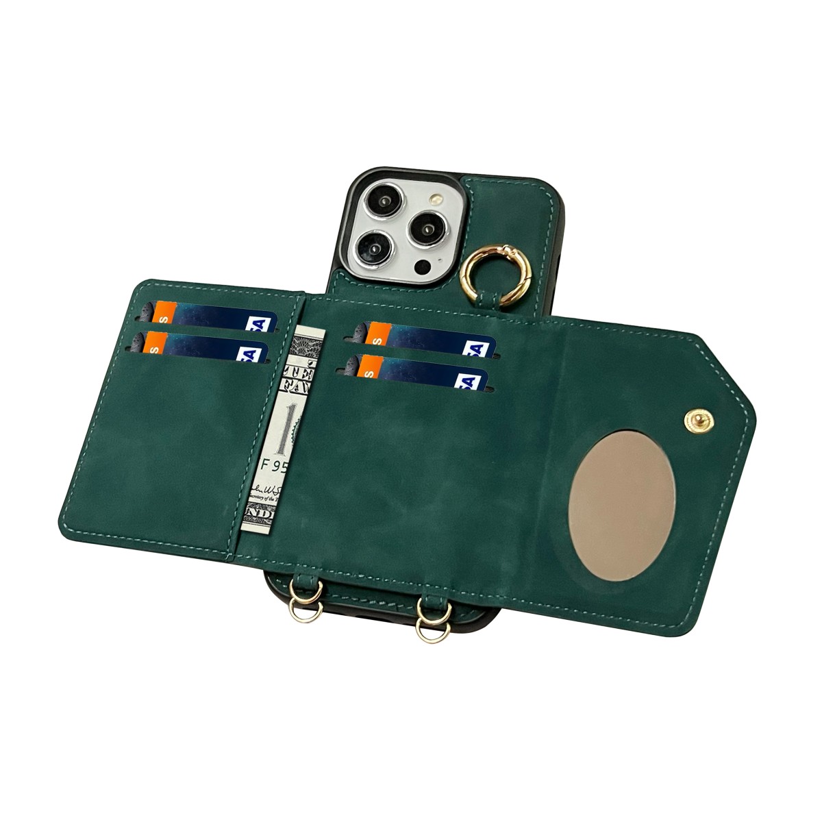 CaseMania 2-in-1 Crossbody + Magsafe Wallet – iPhone 16 – Groen casemania-2-in-1-crossbody-magsafe-wallet-iphone-16-GRN-achterkant-open