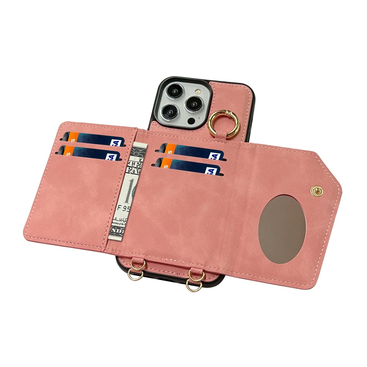 CaseMania 2-in-1 Crossbody + Magsafe Wallet – iPhone 16 Pro – Roze casemania-2-in-1-crossbody-magsafe-wallet-iphone-16-PNK-achterkant-open