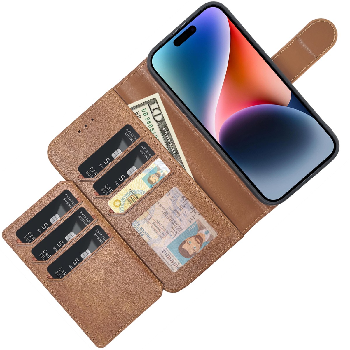 CaseMania Multiple Pockets Magnetic 2-in-1 Wallet – iPhone 16 – Bruin multiple-pockets-magnetic-2-in-1-wallet-iphone-16-BRN-voorkant-open