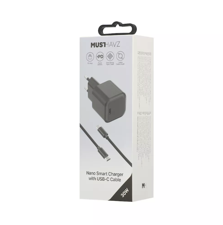 Musthavz Nano Charger 30W + USB-C/USB-C Kabel – Zwart Musthavz Nano Charger 30W + USB-C/USB-C cable, black