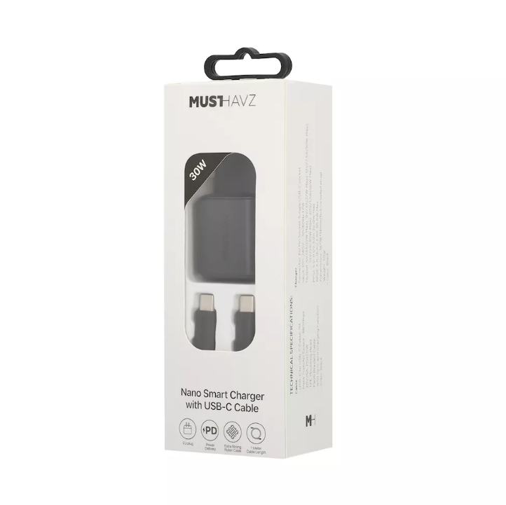 Musthavz Nano Charger 30W + USB-C/USB-C Kabel – Zwart Musthavz Nano Charger 30W + USB-C/USB-C cable, black