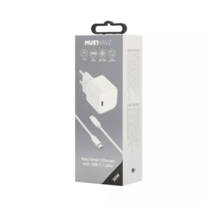 Musthavz Nano Charger 20W + USB-C/USB-C Kabel – Wit Musthavz Nano Charger 30W + USB-C/USB-C cable, white