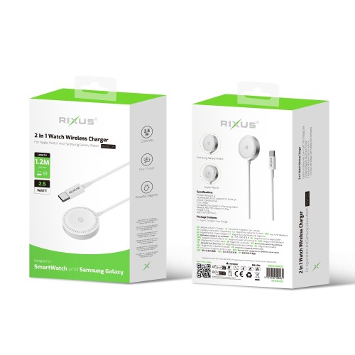 Oplader USB-C 2 In 1 voor Apple Watch en Samsung Galaxy Watch – 2.5 Watt – 1.2M Rixus RXWC05 USB-C Charger For Apple Watch And Samsung Galaxy Watch 1.2m White