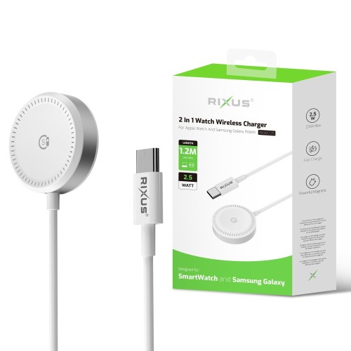 Oplader USB-C 2 In 1 voor Apple Watch en Samsung Galaxy Watch – 2.5 Watt – 1.2M Rixus RXWC05 USB-C Charger For Apple Watch And Samsung Galaxy Watch 1.2m White