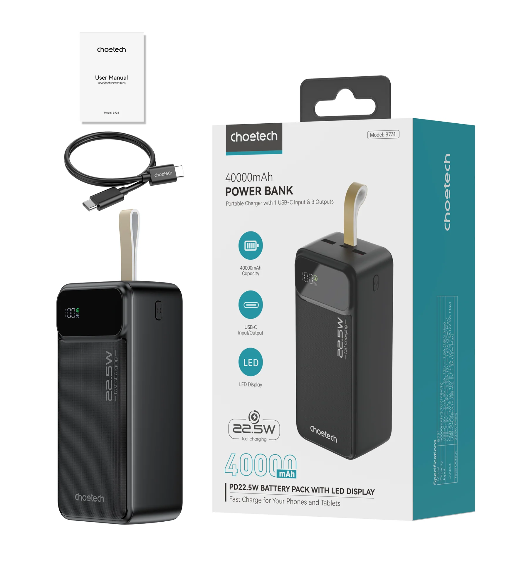 CHOETECH B731 Powerbank 40000mAh – 22,5W – Black CHOETECH B731 Powerbank 40000mAh – 22,5W – Zwart